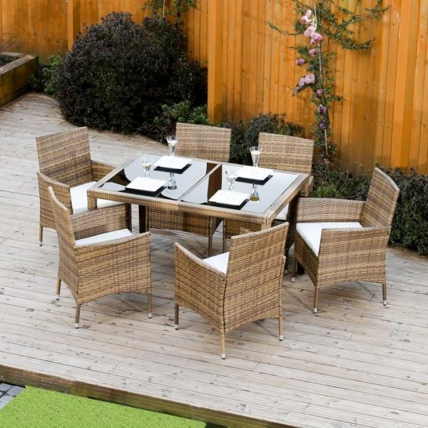 Záhradný set, jedálenský stôl+6x stolička, ratan, medová/krémová, GARDEN